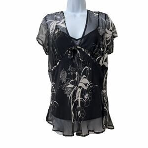 VTG Separates Womens Y2K Silk Sheer Floral Babydoll Top Size L Black Whimsigoth